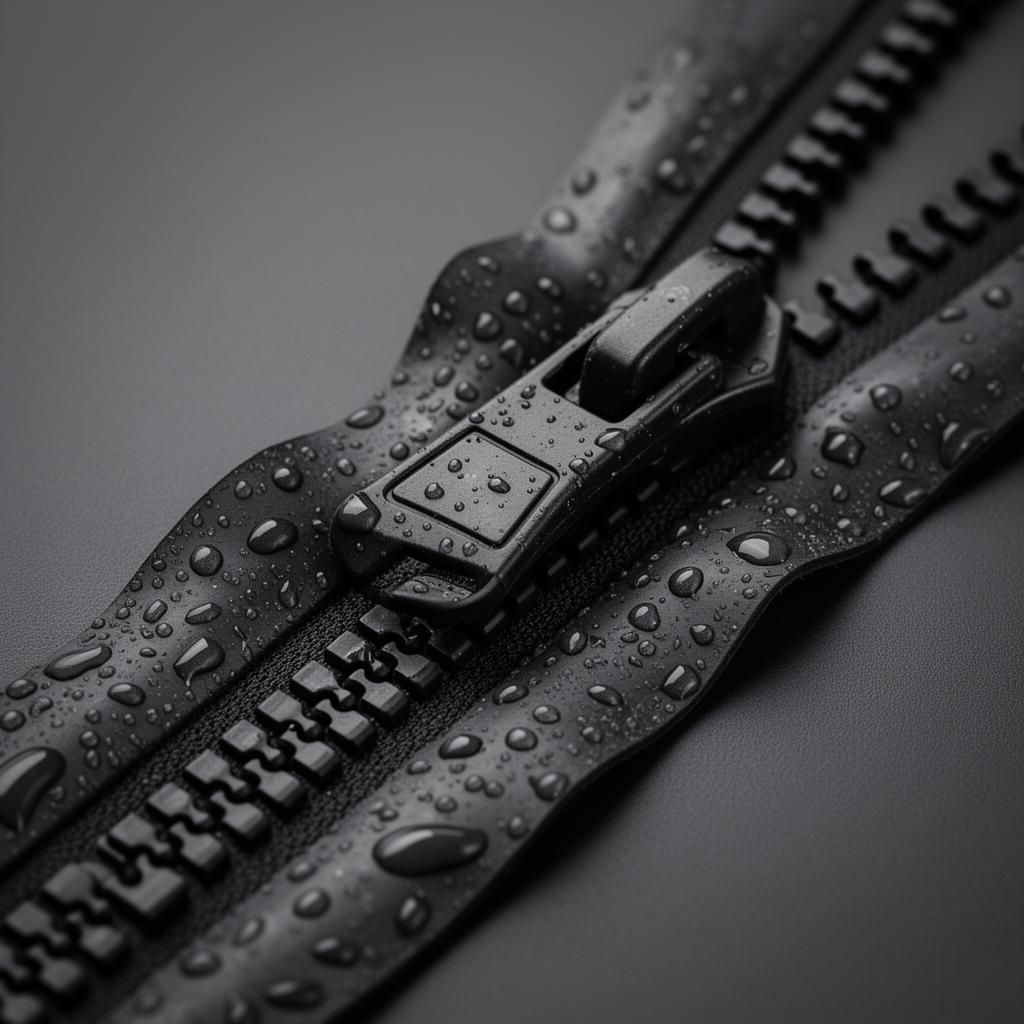 Macro photograph of an industrial waterproof TIZIP MasterSeal zipper with water beading on its surface