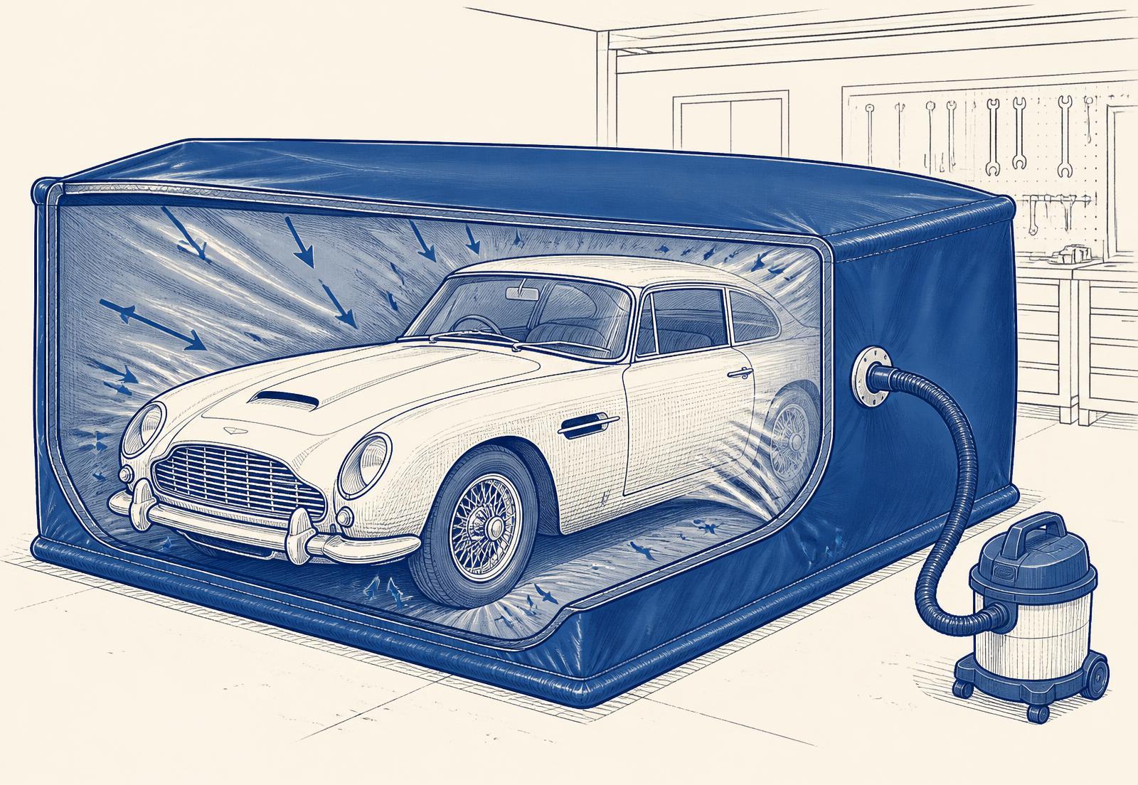Illustration: a FloodVault sealed over a collector car with a shop vacuum drawing air out through the vault's sealed vacuum port, the envelope conforming to the body.